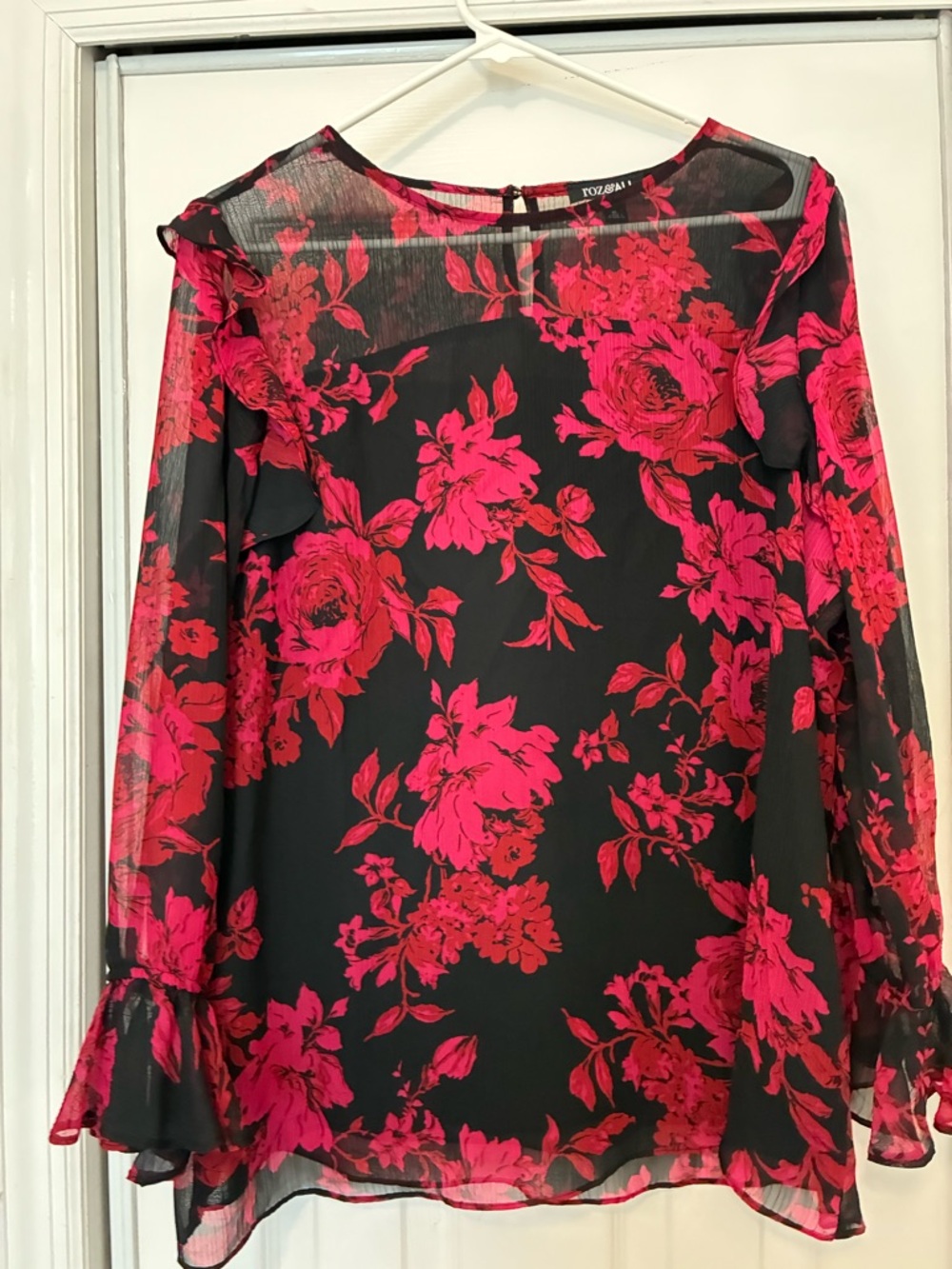 Roz & Ali Black & Red Floral Semi Sheer Blouse (only the sleeves and neck)